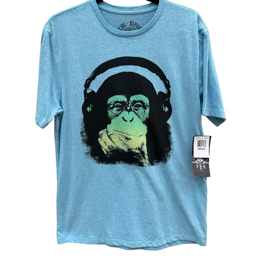 Social Republic Mens M Monkey Headphones Graphic T-Shirt Blue NEW Streetwear